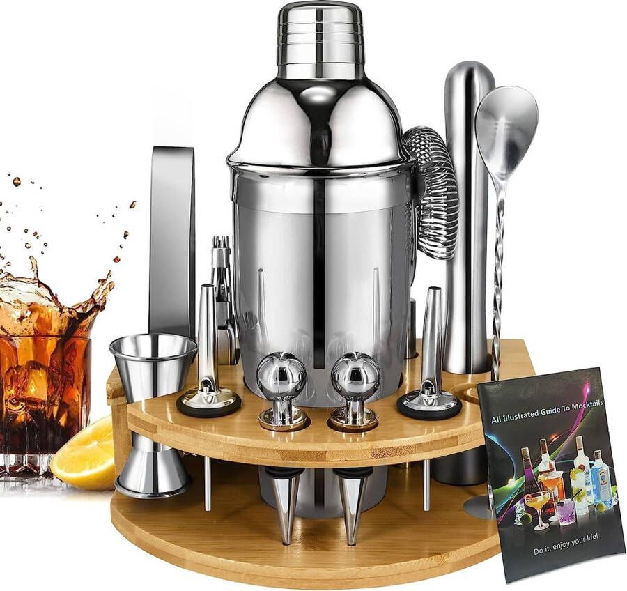 Merkloos Cocktailset 15-delige barset drinkshakerset roestvrij staal barkeeperset incl. 750 ml cobbler shaker en bamboe standaard cocktailcadeau voor vrouwen en mannen