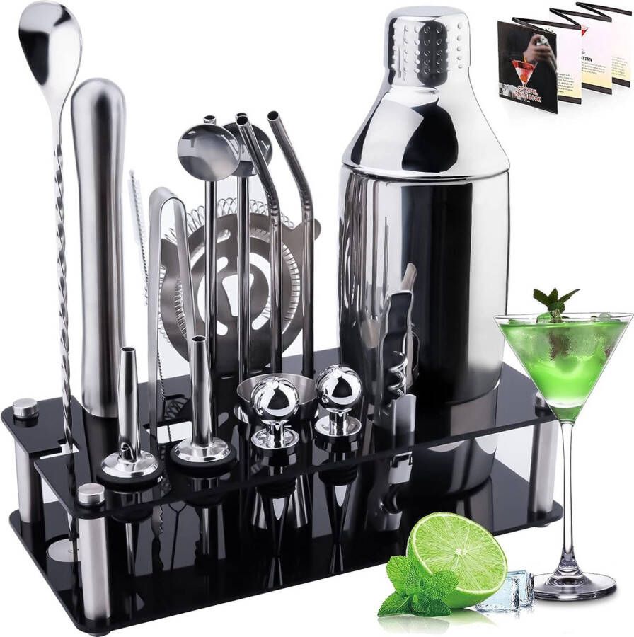 Merkloos Cocktailset 18 stuks roestvrij staal cocktailaccessoireset cocktailshaker party-essential cocktailshaker set professionele cocktailshaker voor baraccessoires coktailmixset met cocktailreceptengif