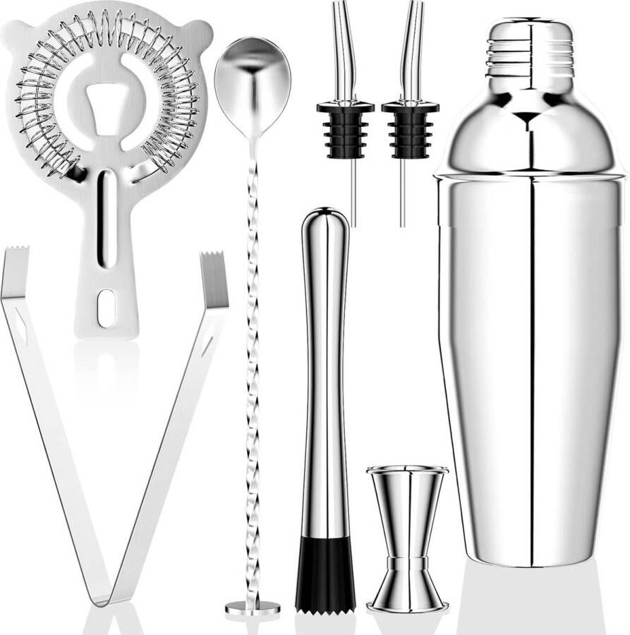 Merkloos Cocktailset van 750 ml 8-delige roestvrijstalen shakermixer professionele barmanaccessoires met shaker dubbele maatbeker lepel schenker voor thuis drankjes mixen bar feest (zilver)