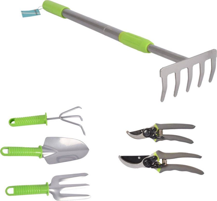 Merkloos Complete Tuingereedschap Set Verstelbare Hark met 63-90cm Hoogte Gereedschap en Scharen Groen & Zilver Duurzaam en Ergonomisch Perfect voor huis en tuin