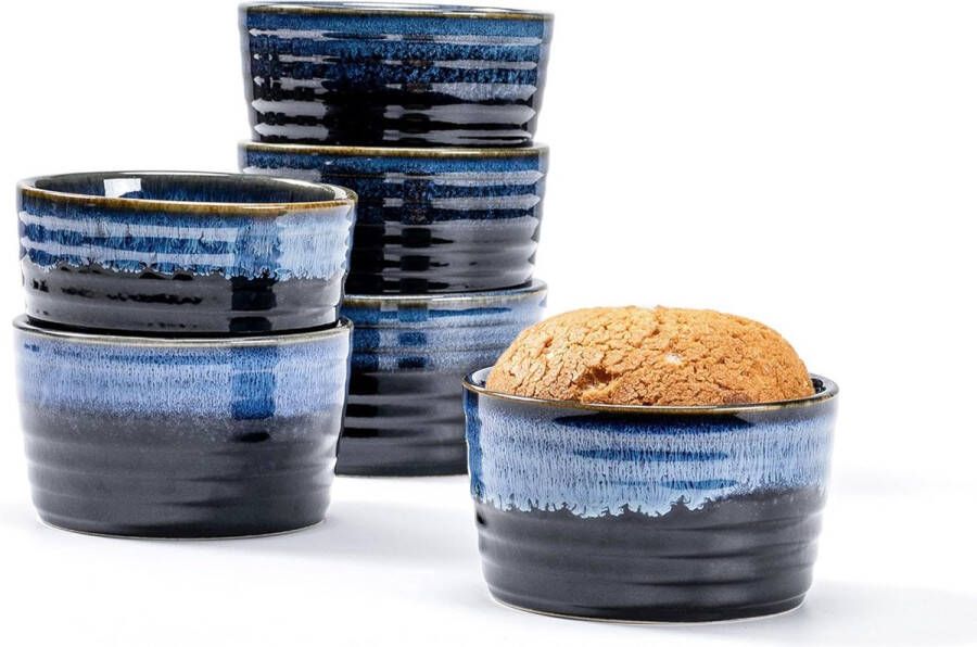 Merkloos Creme Brulee kommen keramiek ovenvaste soufflévormen blauw 6 x 240ml voor 6 personen dessertkom voor muffins cupcakes pak ovenvaste magnetron porseleinen kommen blauw