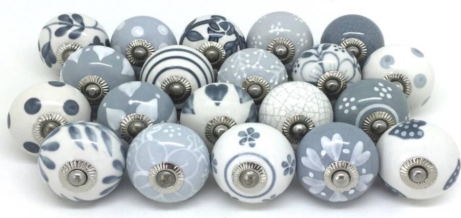 Merkloos Deurgrepen van keramiek in vintage- shabby- en chic-stijl voor kasten of laden grijs en wit 10 stuks