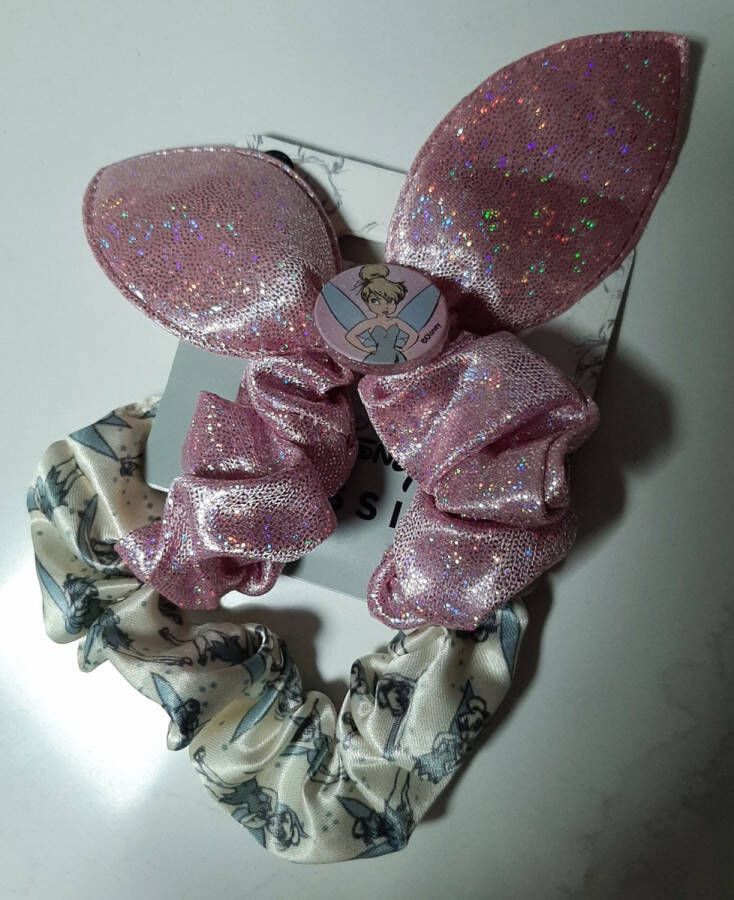 Merkloos Disney Scrunchie Tinker Bell Peter pan 2x froezel Tinkerbell- roze wit blauw glitter paardenstaart scrunchy