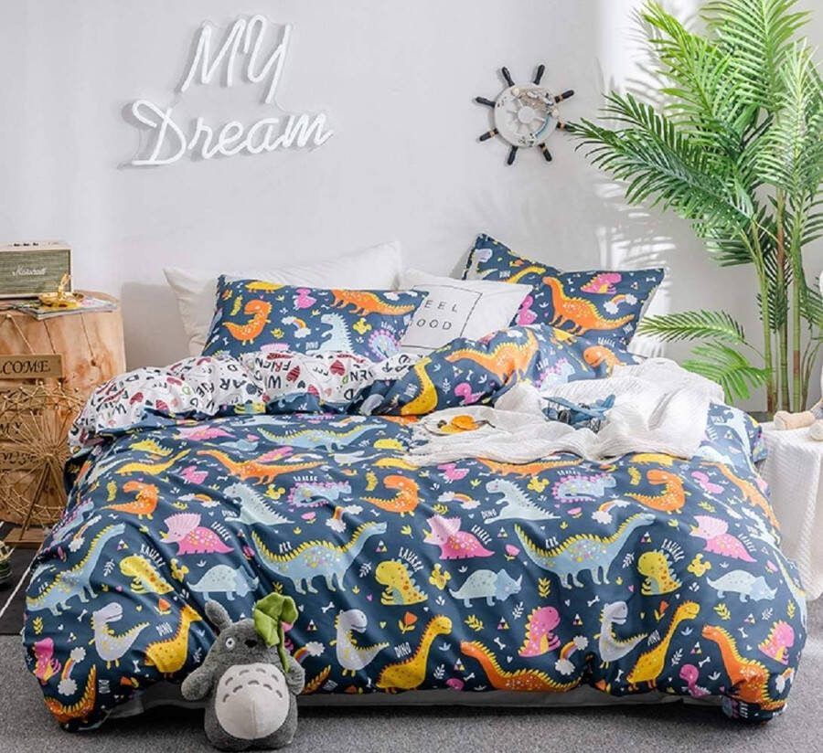 Merkloos Donker blauw beddengoed 100 x 135 cm schattig cartoon-dinosaurus-beddengoed kleurrijk dino babybeddengoed kinderdekbedovertrek set 2-delig premium microvezel omkeerbaar beddengoed met kussensloop 40 x 60 cm