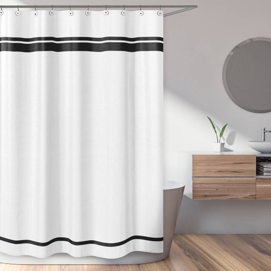 Merkloos Douchegordijn Anti Schimmel Wit met Zwart design Douche Gordijn 180X200 cm Shower Curtain Douche Gordijnringen