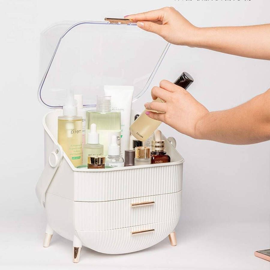 Merkloos Draagbare make-up-organizer -Cosmeticabox Beautycase stofdicht deksel beauty-organizer met 2 laden voor de kaptafel slaapkamer badkamer Wit