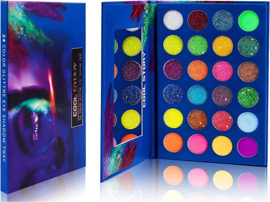 Merkloos EBANKU 24 heldere kleuren oogschaduwpalet neon glow blacklight fluorescerende glitter oogschaduw make-up voor dagelijks gebruik Halloween Kerstmis Valentijnsdag