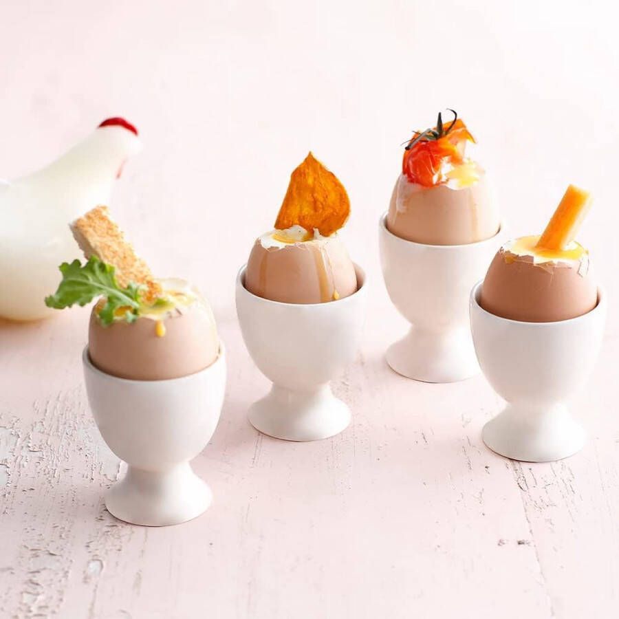 Merkloos Eierdop wit porselein set van 4 eierhouders voor elke ontbijttafel Hard- en zachtgekookte eieren wit