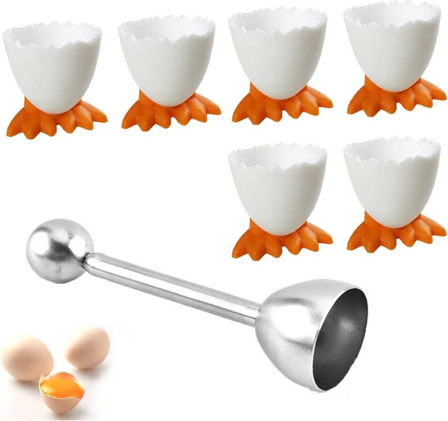 Merkloos Eierdopjes set van 6 stuks eierstandaard en 1 roestvrijstalen eieropener ontbijt eierhouder voor zacht gekookte eieren en rauwe gekookte eieren brunch