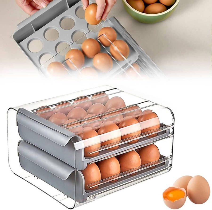 Merkloos Eieren opbergdoos voor koelkast eierlade eierhouder kunststof eierbox koelkast eierhouder voor 32 eieren dubbellaags eierrek box voor verse eieren koelkast (grijs)