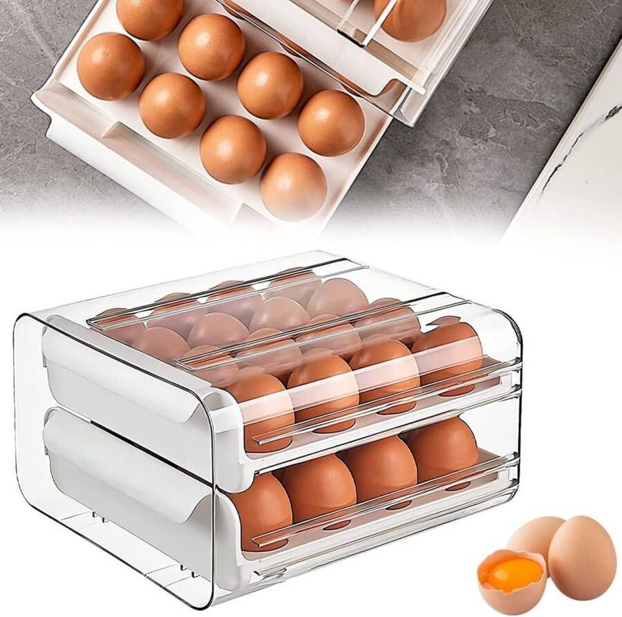 Merkloos Eieropbergdoos Koelkast Eierlade Eierrek Plastic Eierdoos Koelkast Lade Eierrek voor 32 Eieren Dubbellaags Eierrek Box voor Verse Eieren Koelkast (Wit)