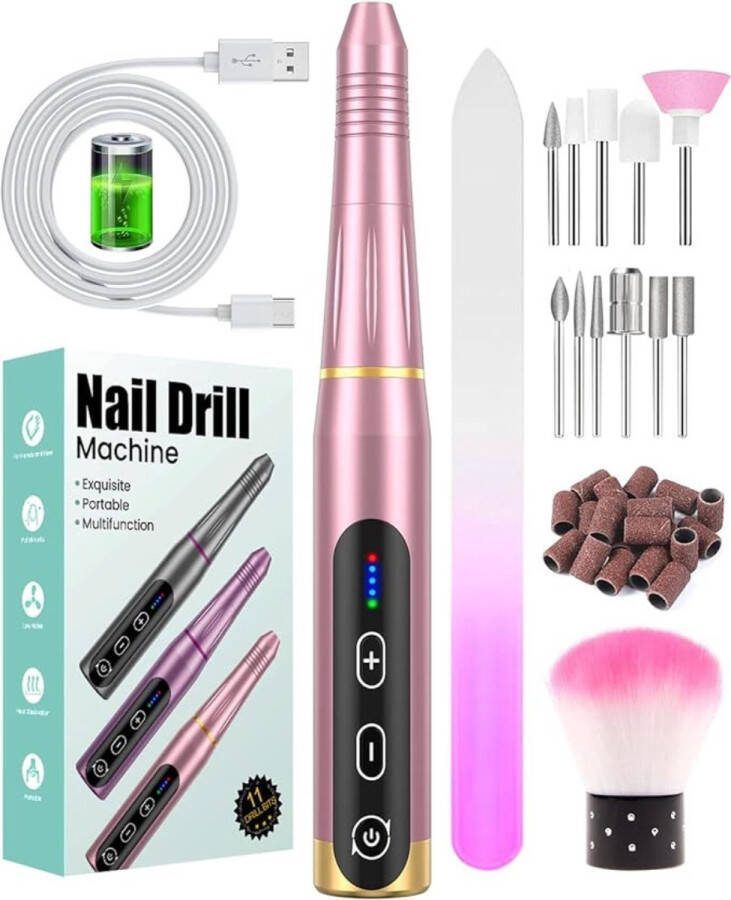 Merkloos Elektrische Nagelvijl Draadloze voor Acryl- Gel- en Natuurlijke Nagels Elektrische Nagelfrees USB-oplaadbaar 20.000 RPM 5 Snelheden Instelbaar Nagelboor voor Beginners en Professionele