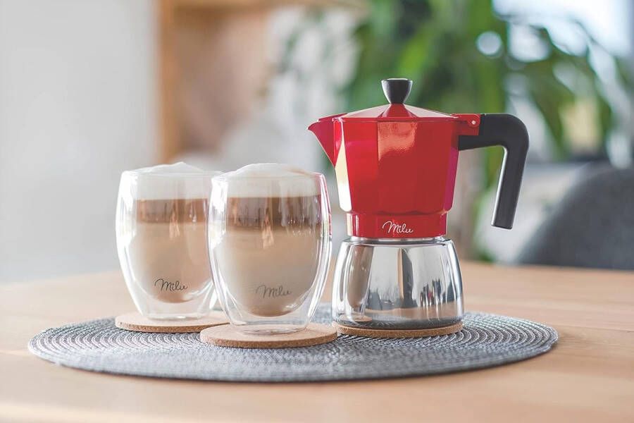Merkloos Espressomachine geschikt voor inductie 3 6 9 kopjes aluminium mokkakan roestvrijstalen espressokan espresso maker set incl. lepel borstel (rood 3 kopjes (150ml)