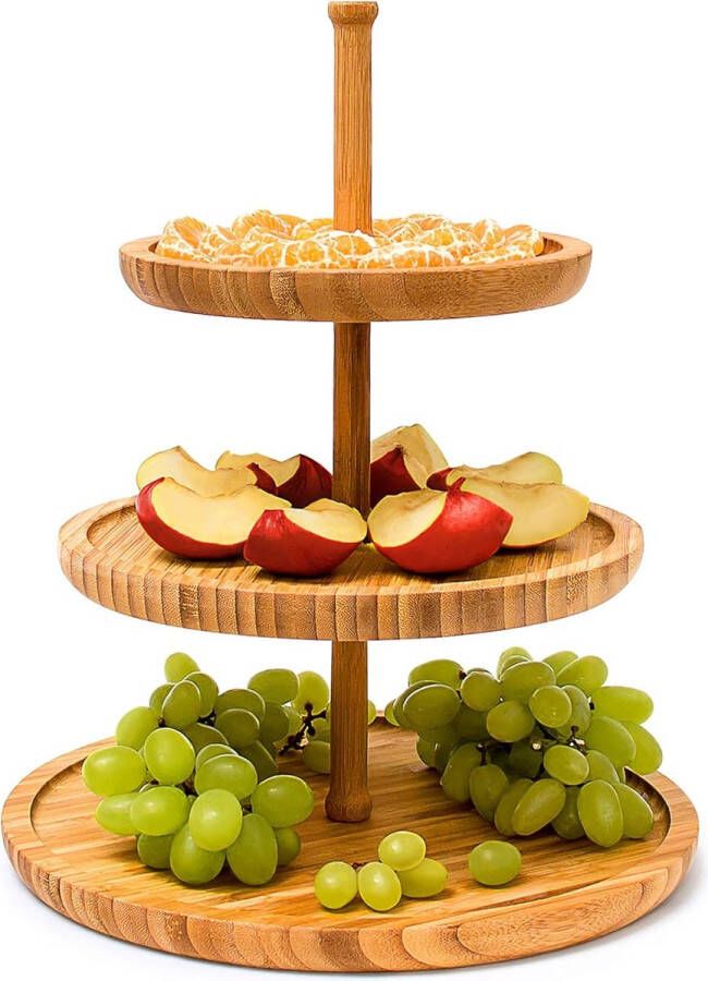 Merkloos etagère 3-laags van bamboe H: 25 cm Ø 30 cm houten fruitschaal ook voor gebak koekjes of hapjes