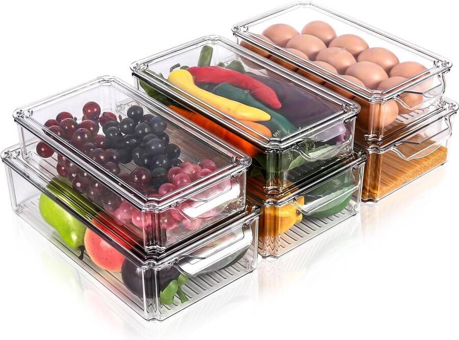 Merkloos Fridge Organizer Set van 6 opbergdozen koelkast met deksel transparante koelkastdozen stapelbaar opbergdoos koelkast voor keukenkasten