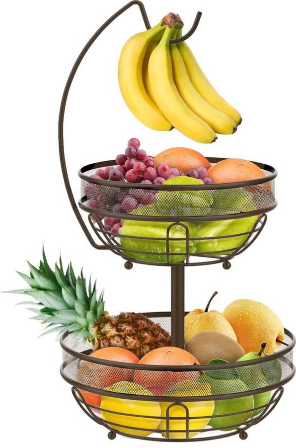 Merkloos Fruitmand met 2 niveaus met bananenhaak metalen fruitschaal met 2 niveaus. uitneembare staande fruitschalen. dagelijkse fruit- of groentemand keukenopberger brons