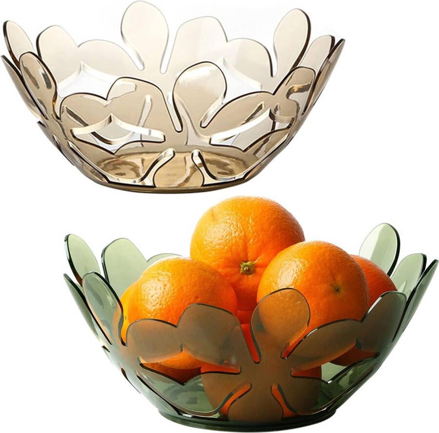 Merkloos Fruitschaal van kunststof set van 2 25 x 11 cm bloembladvormig fruitmand roest niet uitgehold decoratieve fruitschalen voor de keuken groen en oranje