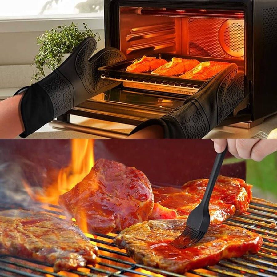 Merkloos Geavanceerde Siliconen Ovenwanten 446° F Hittebestendig en Waterdicht met Antislip Grip Inclusief Pannenlappen en Borstels Lange Katoenen Manchetten voor Veilige Armbescherming Ideaal voor Barbecue Koken en Haardhout