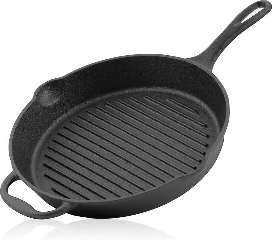 Merkloos Gietijzeren braadpan 29 cm gietijzeren grillpan met handgreep steel en twee schenktuiten geribbeld gietijzeren pan grillpan ovenpan gietijzeren pan