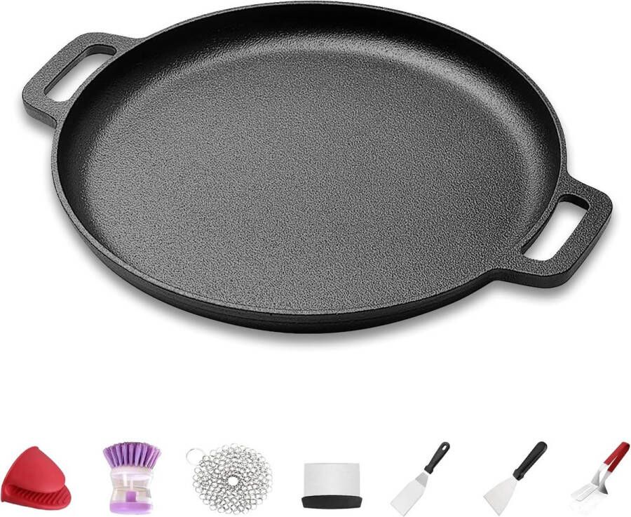 Merkloos Gietijzeren pan pizzapan met dubbele handgreep bakplaat bakvorm gietijzeren pannen voor kookplaat oven BBQ-dia. 30 cm pizzaoven met 7 accessoires