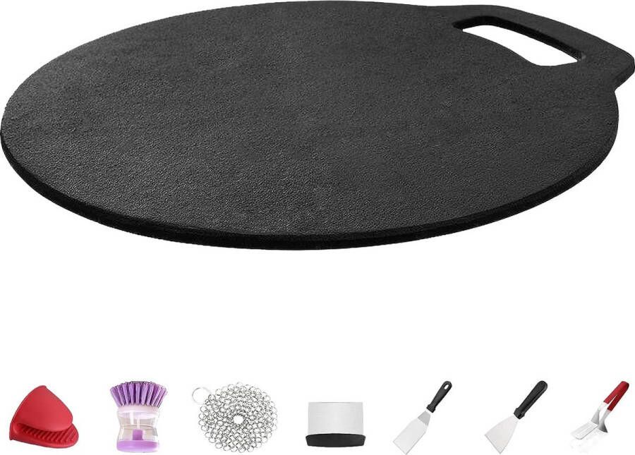 Merkloos Gietijzeren pan pizzapan met lus handvat bakplaat bakpan gietijzeren pan voor kookplaat oven barbecue diameter 26 cm pizzaoven met 7 delen accessoires