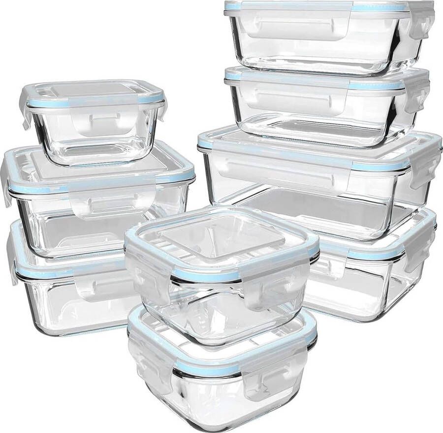 Merkloos Glazen voedselopslagcontainers Set van 9 magnetronbestendige glazen opbergdozen met deksels BPA-vrij
