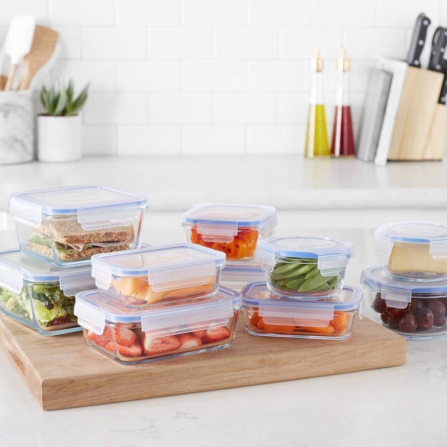 'merkloos'' Glazen voorraadbakjes voor levensmiddelen met deksel 20-delige set (10 bakjes + 10 deksels) BPA-vrij 20-delige set transparant blauw