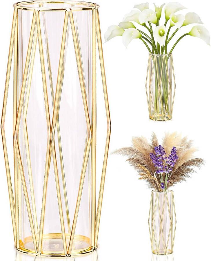 Merkloos Gouden vazendecoratie voor pampasgras Scandinavische vaas met metalen frame voor bruiloft middelpunt of bureau 28 cm hoog