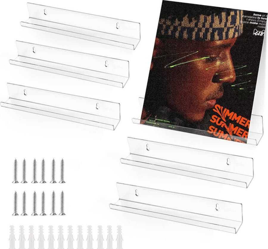 Merkloos Grammofoonplaten wandhouder 6 stuks vinyl platenrek 30 8 x 4 x 4 5 grammofoonplaten standaard wandLP-houder platenrek met schroeven voor platen fotoalbum en verzamelstukken (helder)