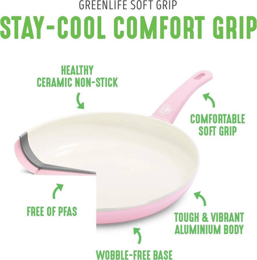 Merkloos GreenLife Soft Grip Gezonde Keramische Antiaanbaklaag 16-delige Pannenset met Braadpan Steelpan en Kookpan PFAS-vrij Vaatwasmachinebestendig Ovenbestendig Roze