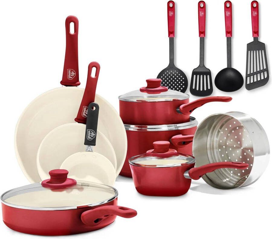 Merkloos GreenLife Soft Grip Gezonde Keramische Antiaanbaklaag 16-delige Pannenset met Braadpan Steelpan en Kookpan PFAS-vrij Vaatwasmachinebestendig Ovenbestendig Rood