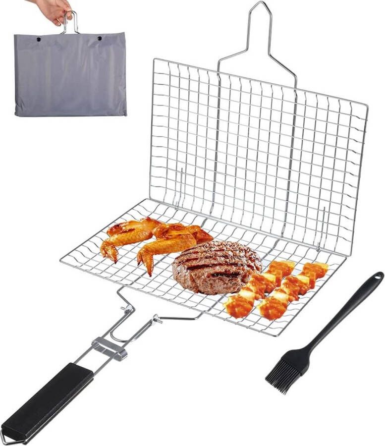 Merkloos Grillmand van roestvrij staal Opvouwbare grillmand met afneembaar handvat Draagbaar grillrooster voor vis steak groenten garnalen inclusief deegborstel en opbergtas (32 x 22 cm)