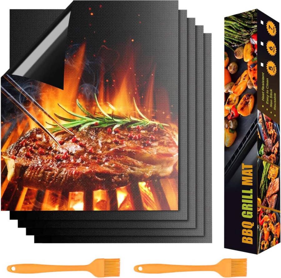 Merkloos Grillmat voor gasbarbecue 5 stuks 40 x 33 cm met 2 bakkwasten anti-aanbak-grillmatten herbruikbaar ideaal voor het grillen van vlees vis en groenten