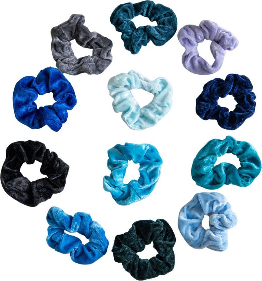 Merkloos Haar set van 12 verschillende scrunchies in blauwtinten haarbandjes haarelastiek