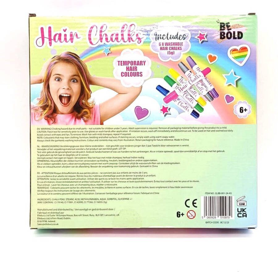 Merkloos Haarkrijt voor Kinderen Haarmascara Hair chalk Haarstift Haarverf Geschikt voor Kinderfeestjes Set van 6 stiften in Paars Groen Blauw Roze Zilver en Geel