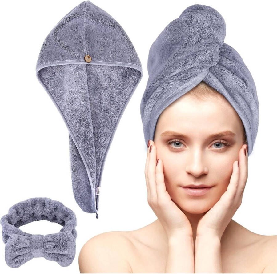 Merkloos Haartulband 2 stuks tulbandhanddoek met knoop sneldrogende haarhanddoek voor vrouwen microvezel handdoek voor hoofd en lang haar (grijs 1 bandana's + 1 hoofdband)