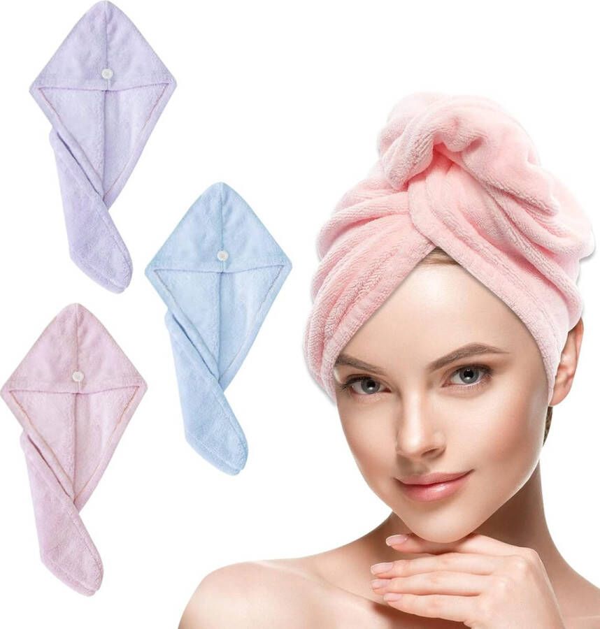 Merkloos Haartulband 3 stuks superabsorberende microvezel haarhanddoek met knopen voor dames en meisjes lang dik haar (roze blauw en paars)