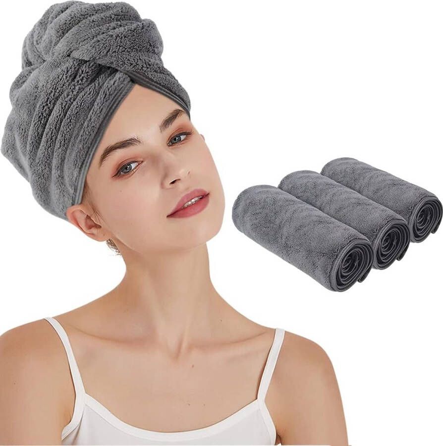 Merkloos Haartulband microvezel handdoek haar tulband handdoek met knoop haartulband sneldrogend haarhanddoek voor lang haar en alle haartypes super absorberend en zacht 25 cm x 65 cm 3 stuks donkergrijs
