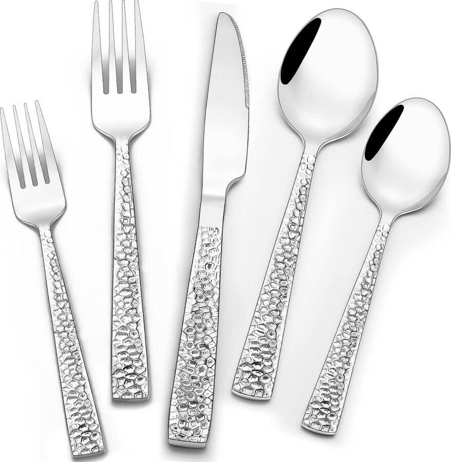 Merkloos Hammered Silverware Set 30-delig roestvrij stalen bestek voor 6 personen geschikt voor levensmiddelen messen vorken lepels spiegeloppervlak vaatwasmachinebestendig