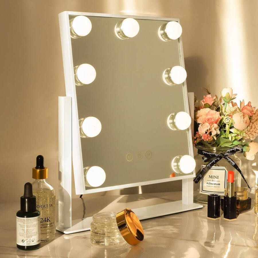 Merkloos Hollywood spiegel make-up spiegel met verlichting 360° draaibaar Verlichte make-up spiegel met 9 dimbare LED lampen Cosmetische spiegel met licht 3 lichtkleuren wit 25x30 cm
