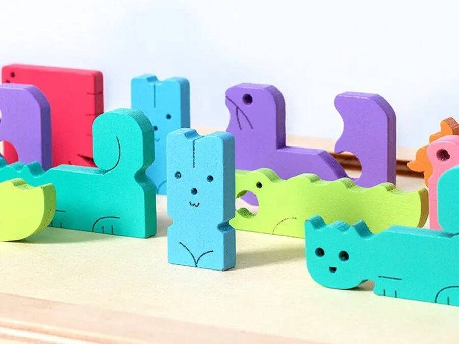Merkloos Houten Dieren Puzzel Tetris blokken Educatief Kinderpuzzel Motoriek Speelgoed