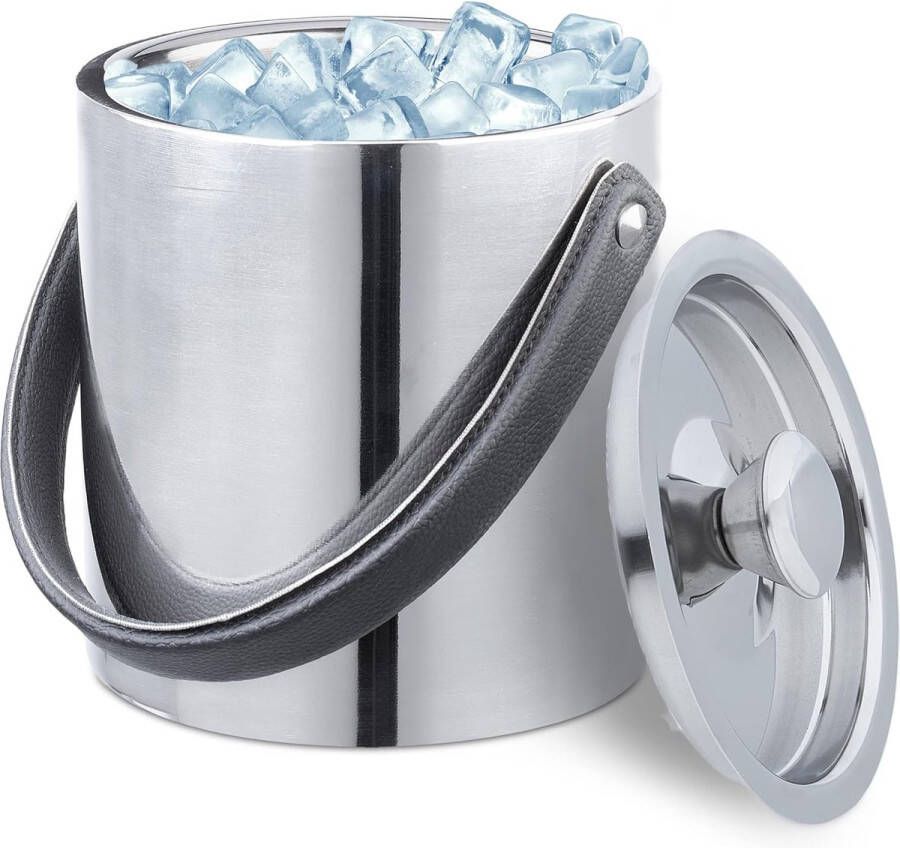 Merkloos IJsblokjeshouder roestvrij staal dubbelwandig ijsemmer met deksel en handvat 1 5 liter ijsblokjeskoeler zilver