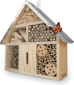 Merkloos Insectenhotel met zink dak onbehandeld insectenhuis van natuurlijk hout voor bijen lieveheersbeestjes vlinders & bijenhotel & nesthulp om op te hangen