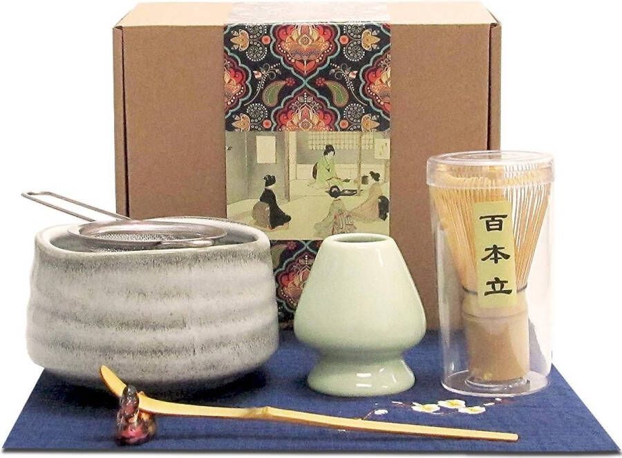 Merkloos Japanse Matcha Thee Set Garde Set Traditionele Bamboe Schep Matcha Kom Keramische Garde Houder Geschenkdoos voor Japanse Thee Ceremonie (7 Stuks)