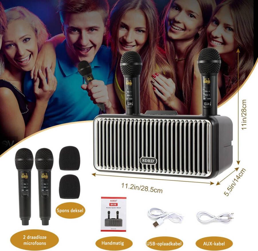 Merkloos Karaoke Machine met 2 draadloze microfoons en Bluetooth Speaker Draagbaar PA-systeem met mobiele telefoonhouder USB TF en AUX voor thuisfeesten vergaderingen kerken picknicks binnen- en buitengebruik