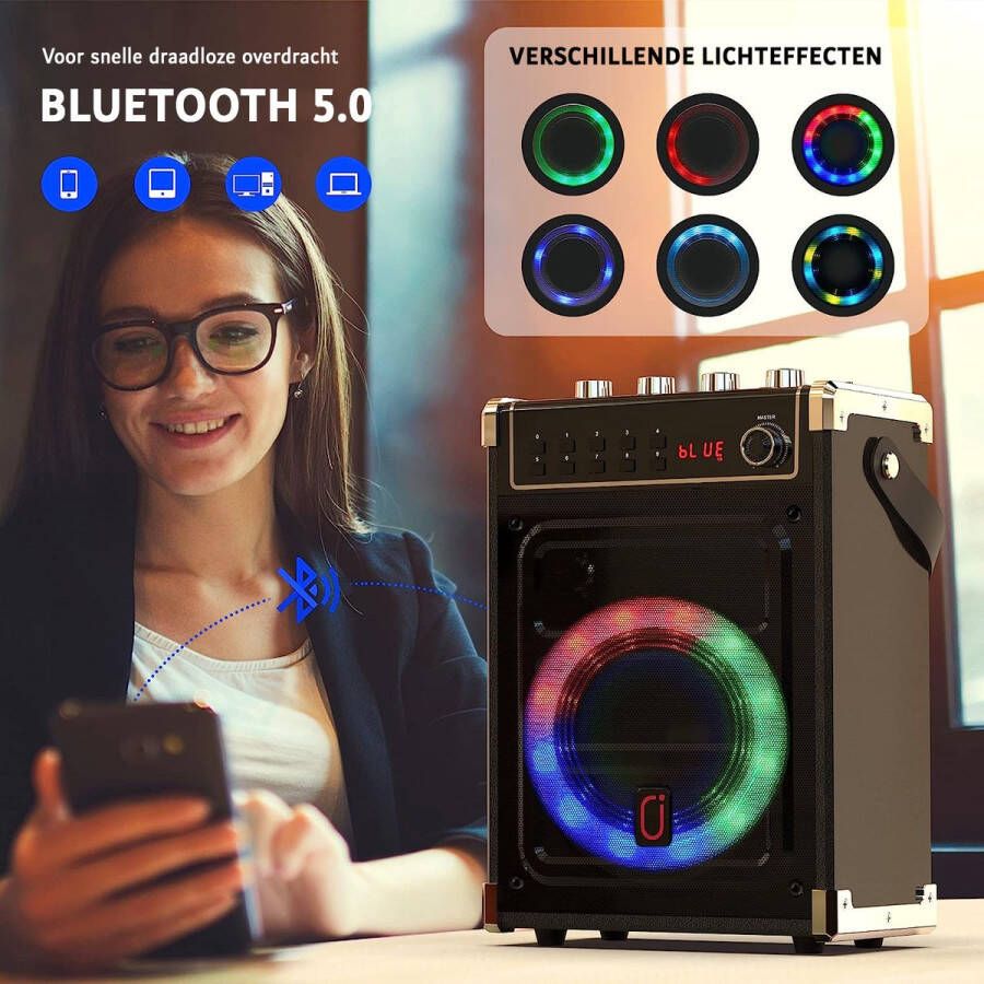 Merkloos Karaoke Machine Draadloze Microfoons Draagbare Bluetooth-luidspreker Bas Treble Aanpassing Afstandsbediening LED-verlichting TF-kaart USB Ondersteuning AUX IN FM REC Voor Kinderen Volwassenen Feesten Zwart