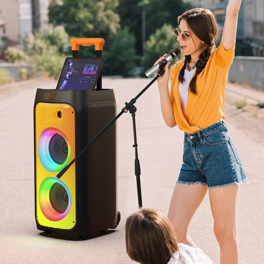 Merkloos Karaoke Set Voor Volwassenen en Kinderen 2 Draadloze Microfoons Ondersteunt Bluetooth USB en AUX Inclusief Afstandsbediening Licht Effecten RGB