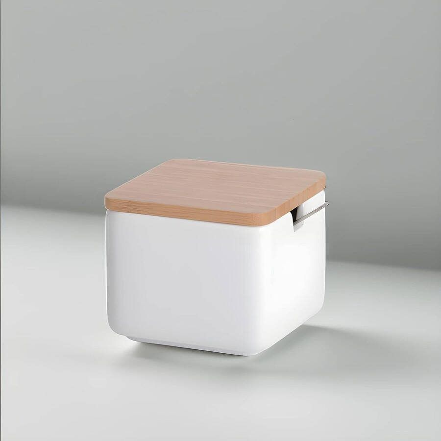 Merkloos Keramische suikerpot met bamboelepel en deksel suikerlepel voor huis en keuken moderne bolvorm voor suiker kaas kruiden 10 x 10 x 9 cm wit