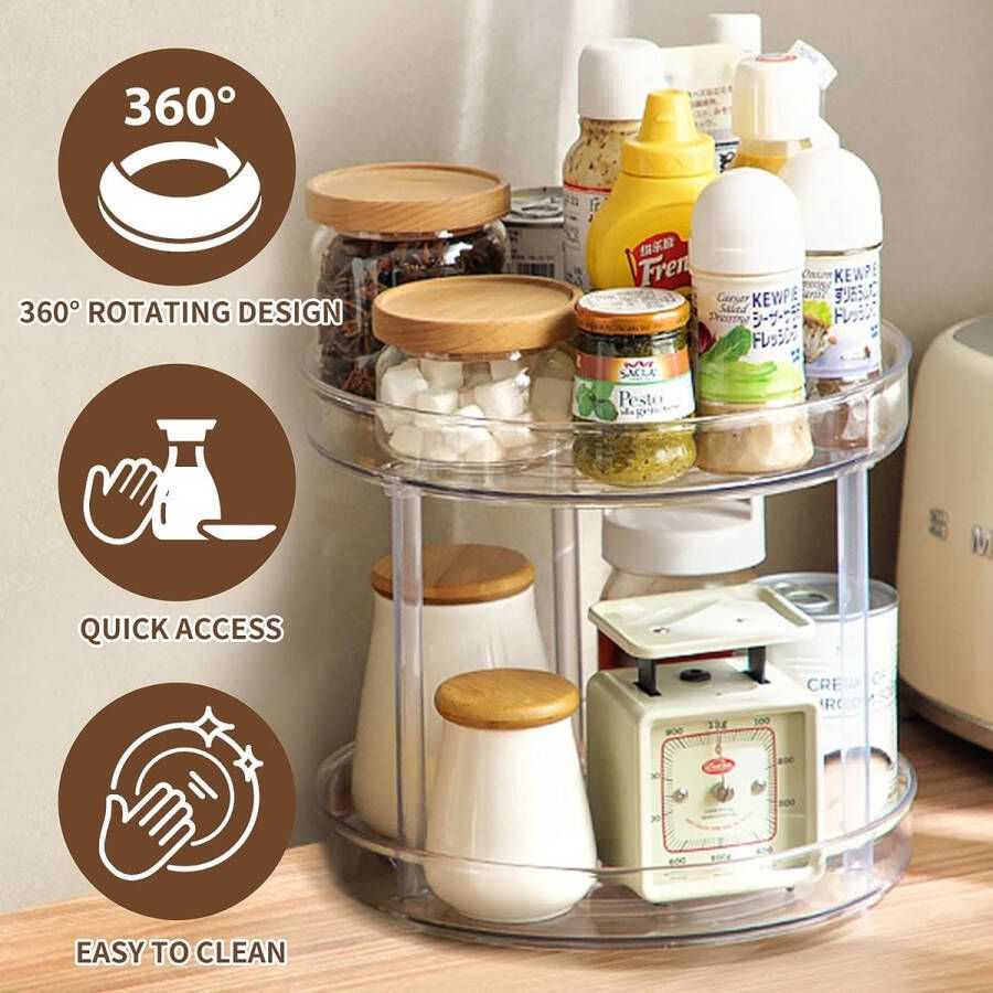 Merkloos Keuken Organizer Kast Lazy Susan Draaibare Kruidenhouder Draaiplateau-kast Organizer Draaibaar kruidenrek Doorzichtige Kruidenorganizer Keukenrek Twee Verdiepingen (23CM)