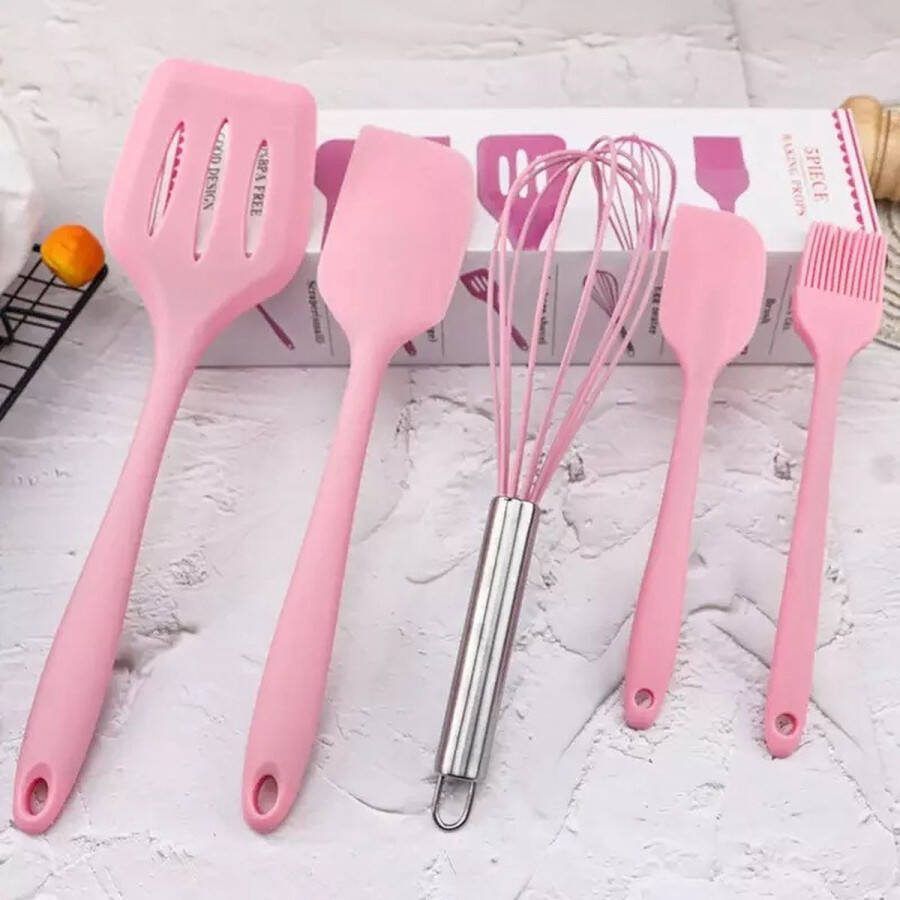 Merkloos Keukengerei set Roze 5 -delig Anti-aanbak Kookgerei set Roze Spatel Pannenlikker Bakspaan Siliconen spatel set